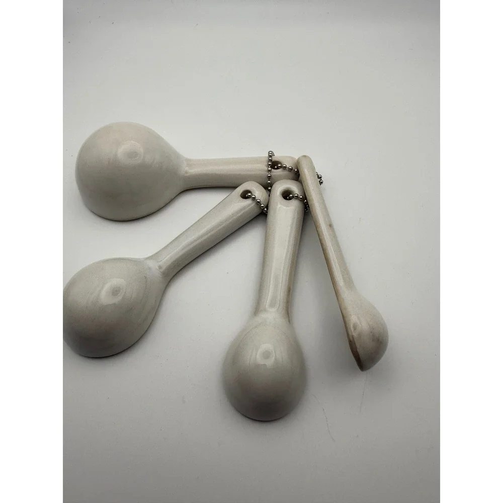 Vintage Farmhouse Ceramic Measuring Spoons Set 4 Piece Cream Stoneware Rustic